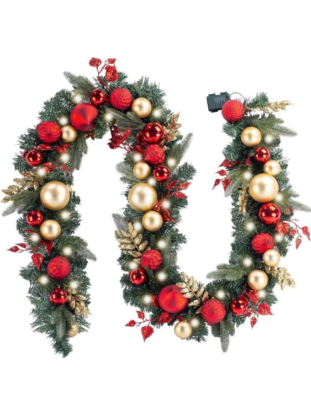 WANNA-CUL Pre-Lit 9ft Christmas Garland with Lights 50 LED Red Gold Baubles